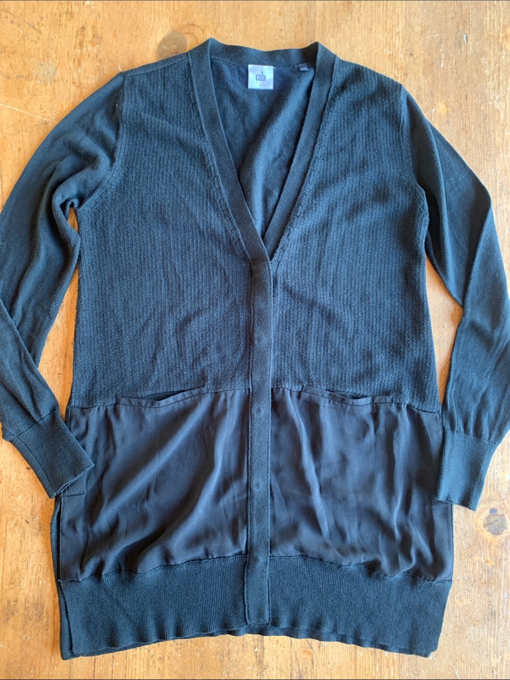 CAbi Black Open-Front Mixed-Material Cardigan